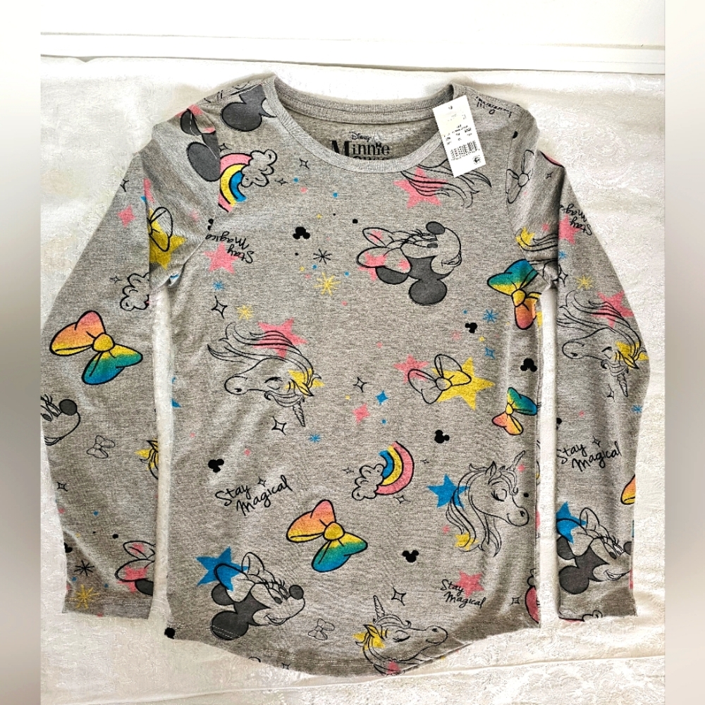Disney Girls Minnie Mouse, Bows, Rainbows, and Unicorns Long Sleeve T shirt NEW